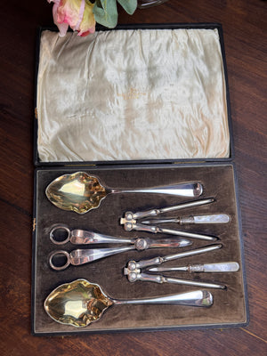 Vintage Dessert Set Walker Hall Sheffield Silver-plate Gold Wash Berry Spoons, Grape Shears, Nutcrackers & Picks MOP in Case