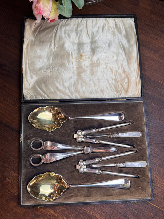 Vintage Dessert Set Walker Hall Sheffield Silver-plate Gold Wash Berry Spoons, Grape Shears, Nutcrackers & Picks MOP in Case