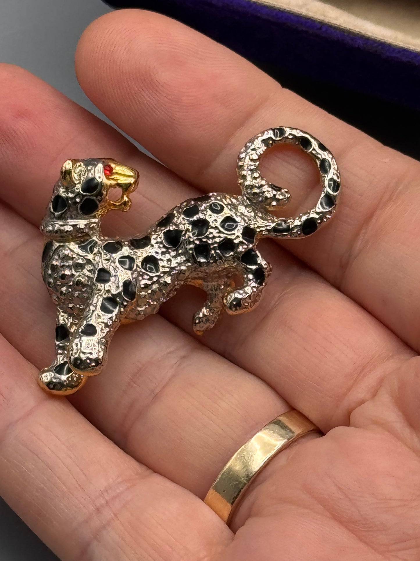 Vintage Leopard Brooch Silver Tone Black Enamel Red Eye Cat 2”