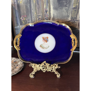Limoges France Vanity Tray Guerin Cobalt Blue Gold Portrait Porcelain 17.75”