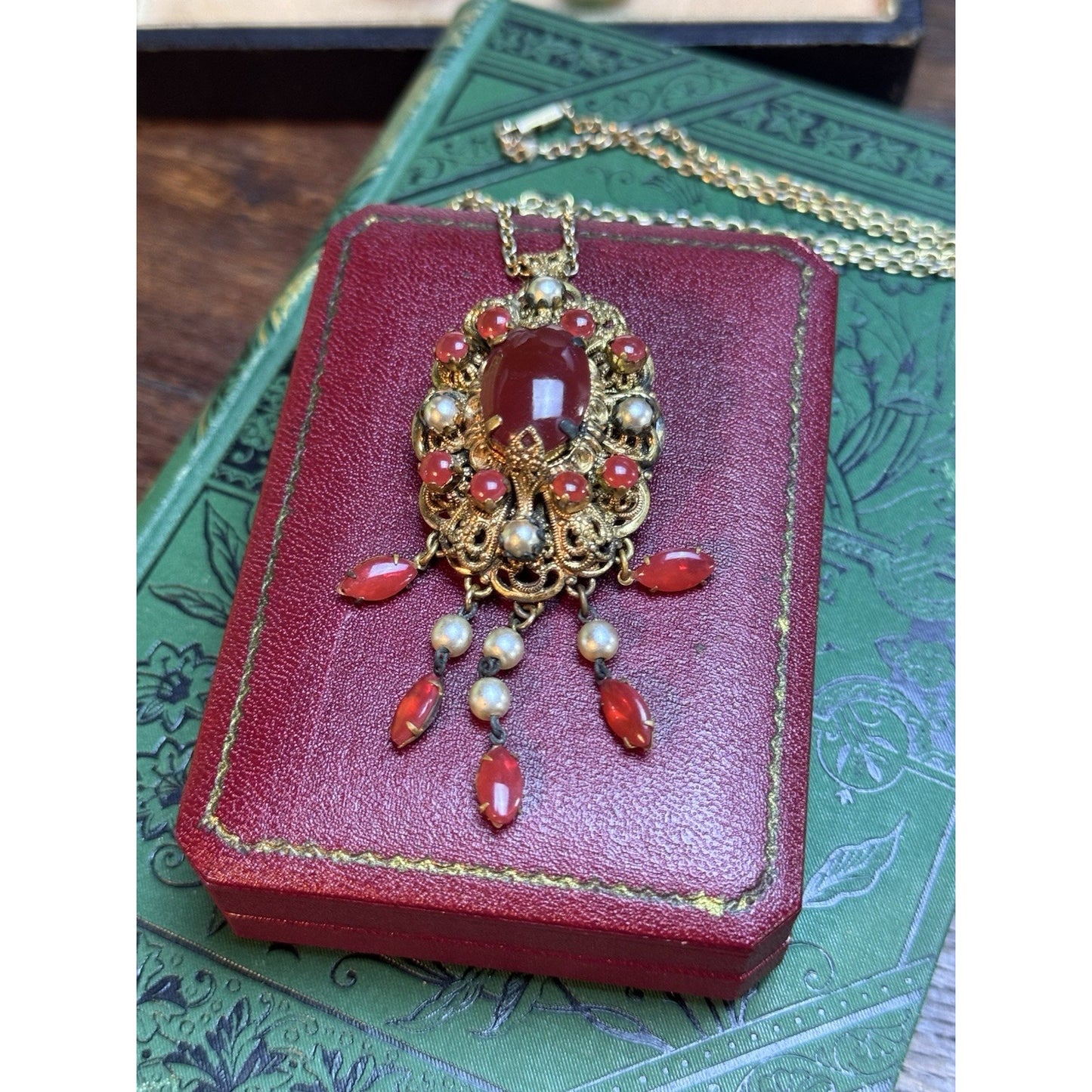 Vintage Filigree Brooch Pendant Necklace Red Art Glass Faux Pearl Dangle 27.5”