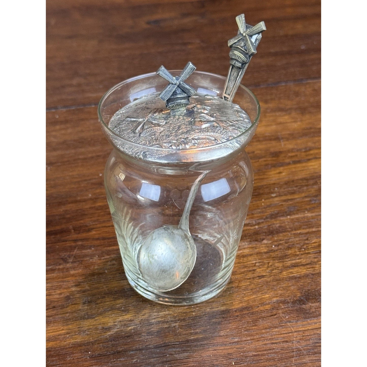 Vintage Dutch Windmill Silverplate Glass Confiture Jam Jar Matching Spoon