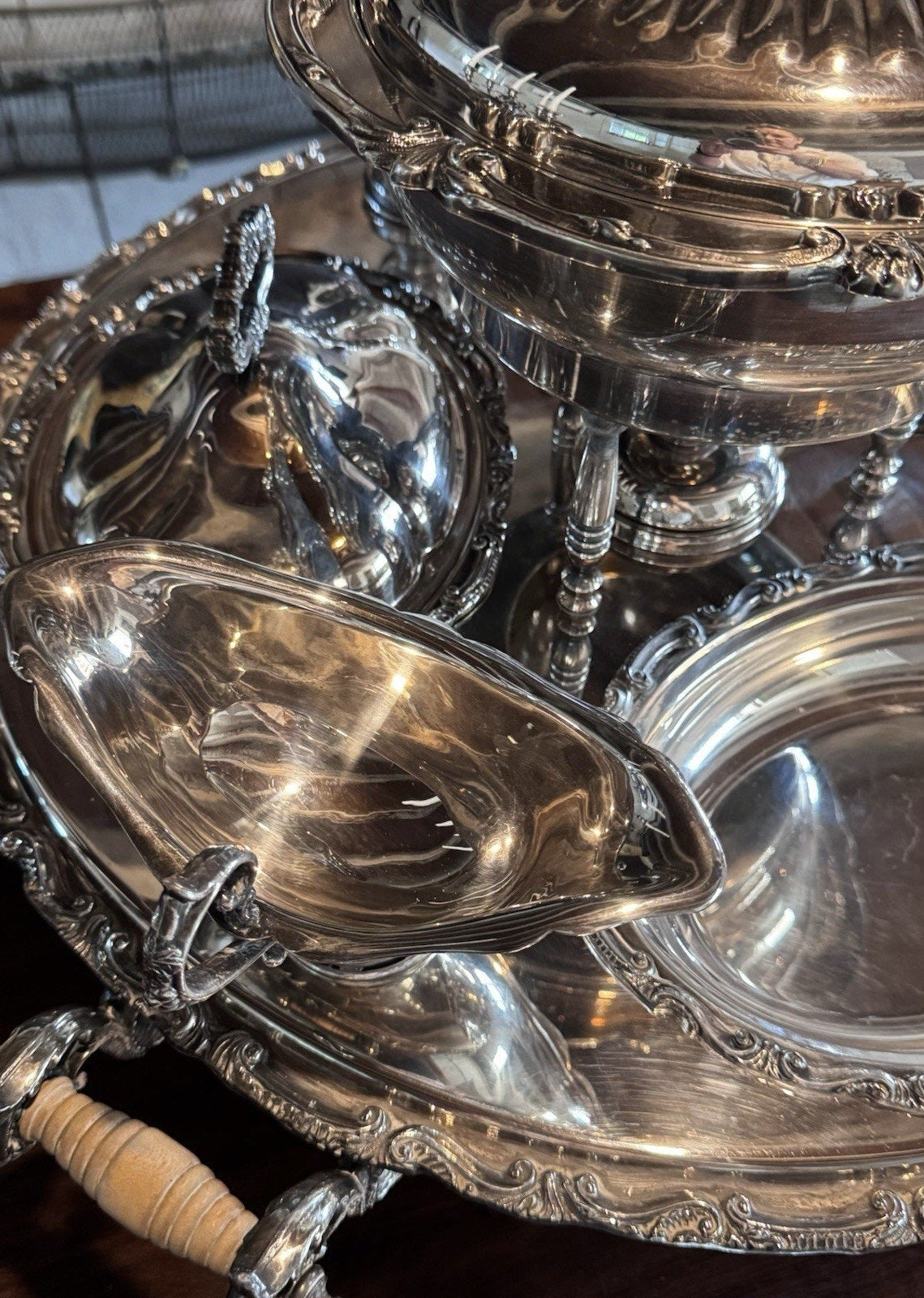 Silverplate Bain Marie Lazy Susan Server Chafing Dish 3 Covered Entree Set
