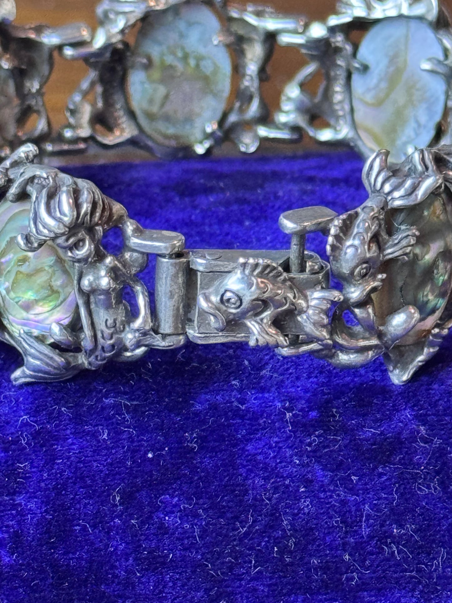 Vintage Sterling Mermaid Abalone Bracelet Fish Clasp 6.5” Art Nouveau Style