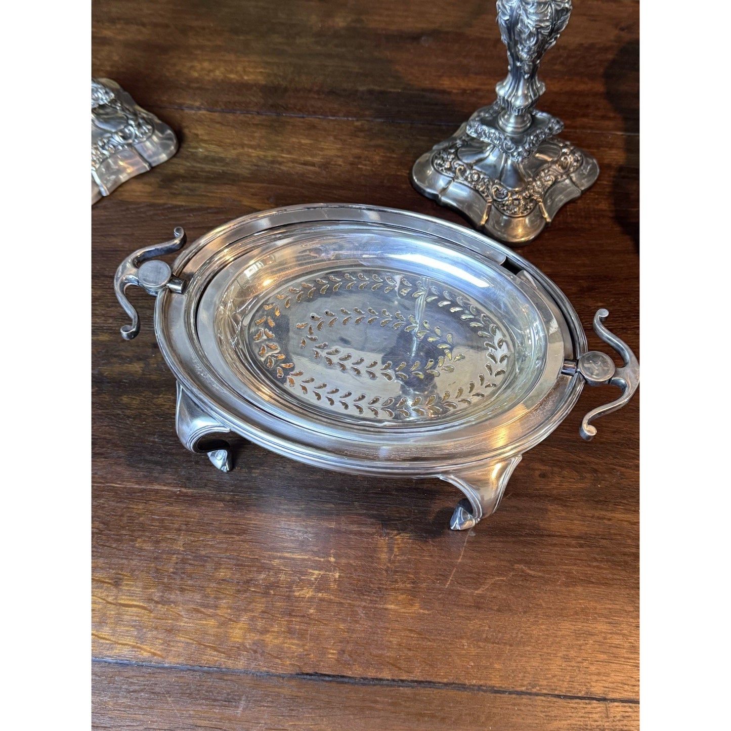 Roll Top Server Silverplate Repoussé English Floral Queen Anne Legs Covered Dish