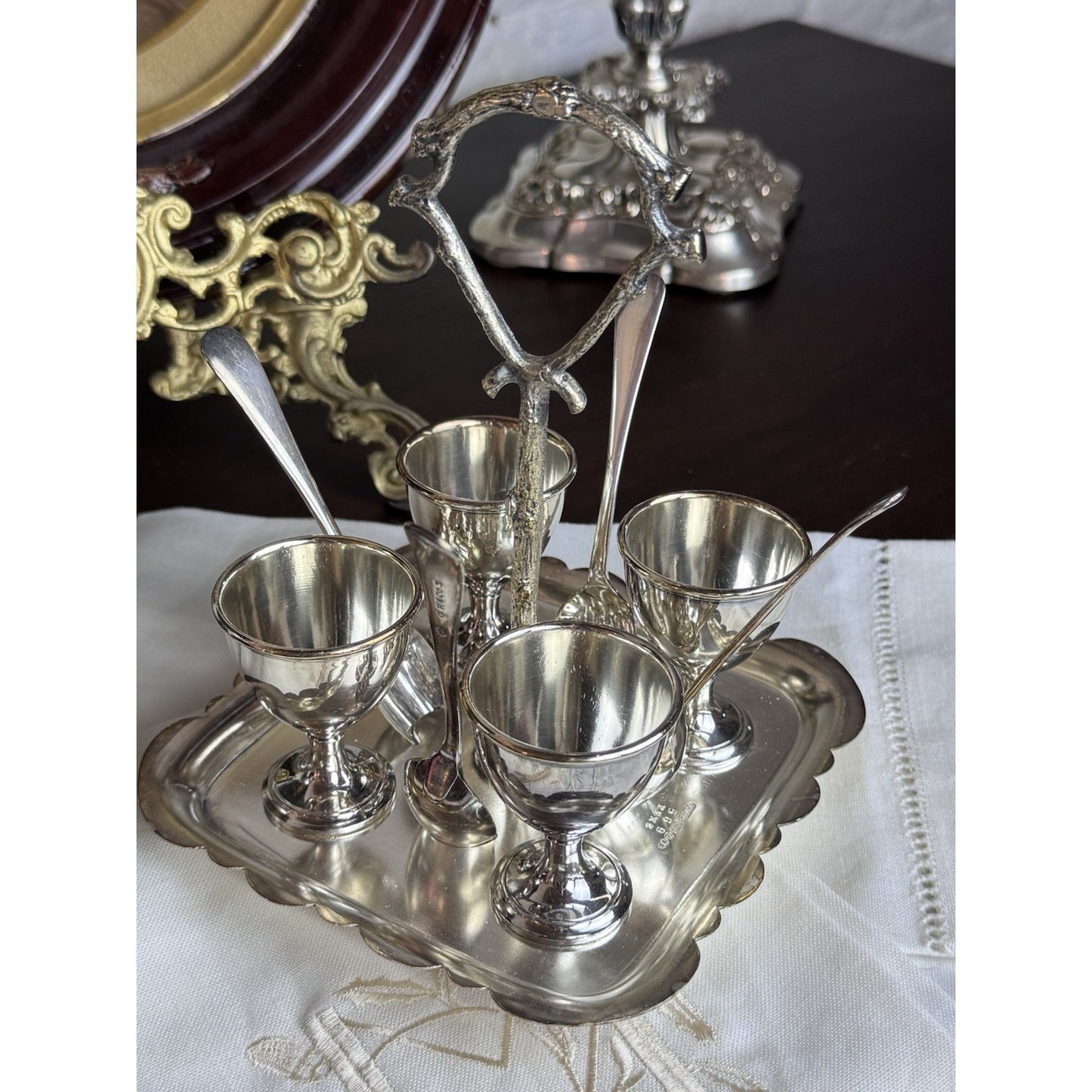 Silverplate Egg Cruet Set 4 Cups Spoons Caddy F Brothers Ltd English Antique