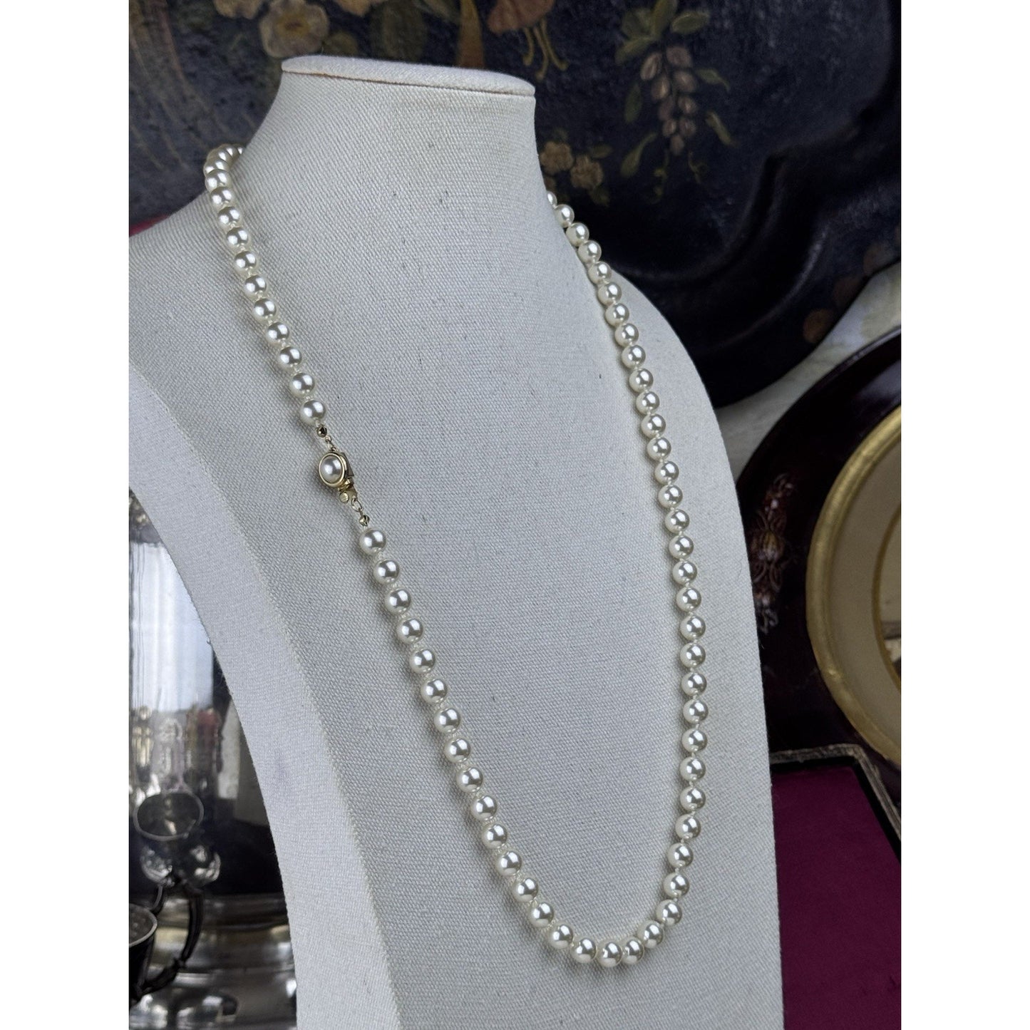 Vintage Faux Pearl Necklace 28.5” Knotted 7mm Pearls Goldtone Clasp Classic