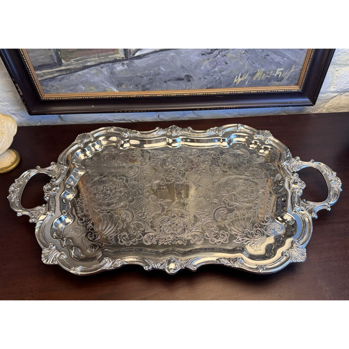 Silverplate Serving Tray Large Footed Serpentine Handled Shell Chased VINTAGE
