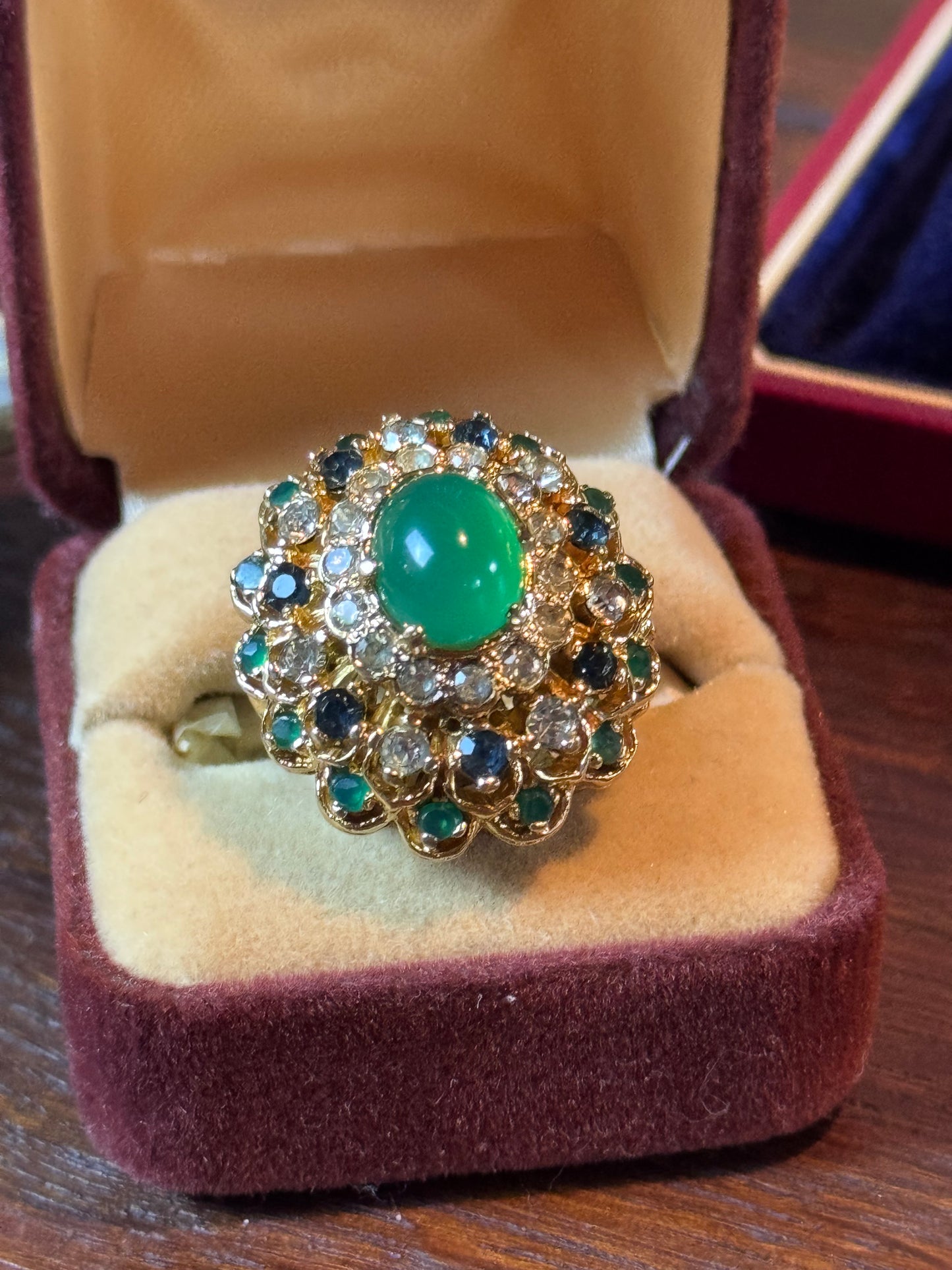 Vintage Sterling Gold Plated Princess Ring Green Jade Tone Cabochon Rhinestones Sz 6.75