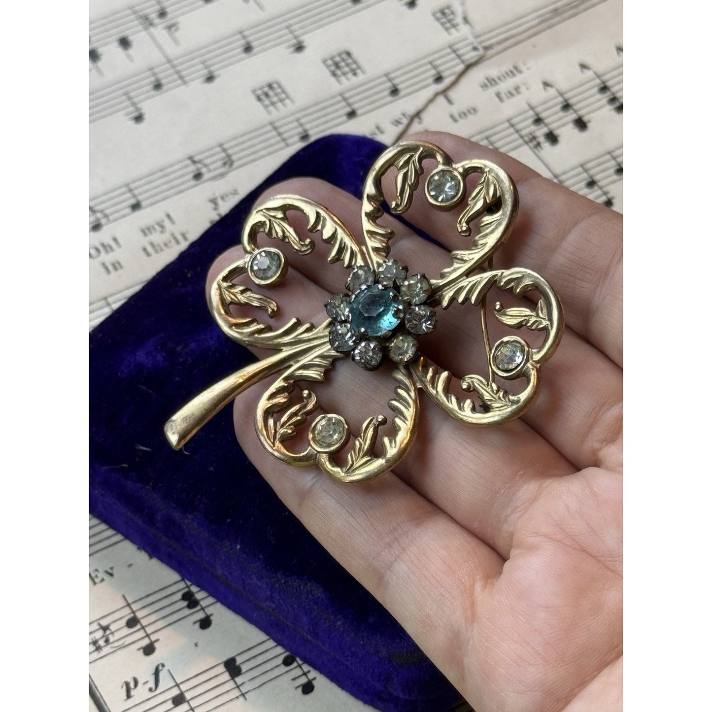 Vintage Clover Brooch 2.75” Goldtone Rhinestone Four Leaf Good Luck Jewelry