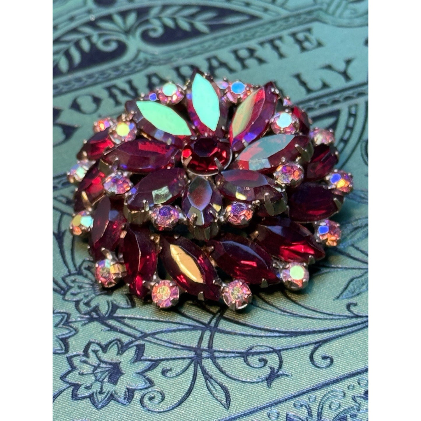 Vintage Garné Brooch Pin Jewelry Red AB Rhinestone Statement Floral Design 2”