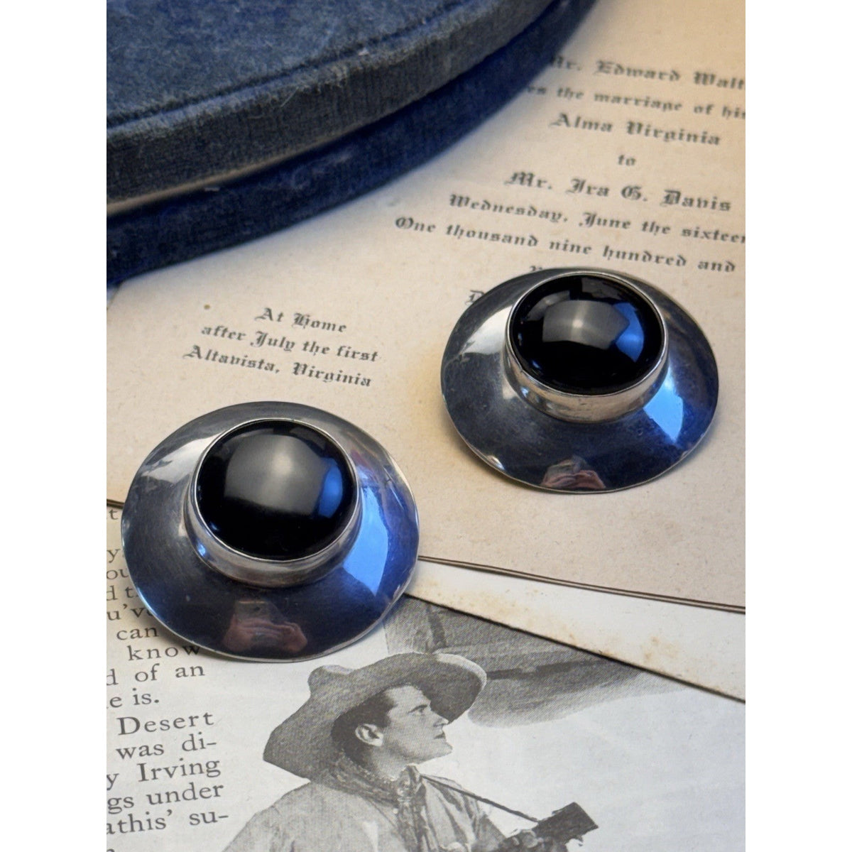 C&S Sterling Silver Black Onyx Post Earrings Round Modernist Statement 1 3/8”