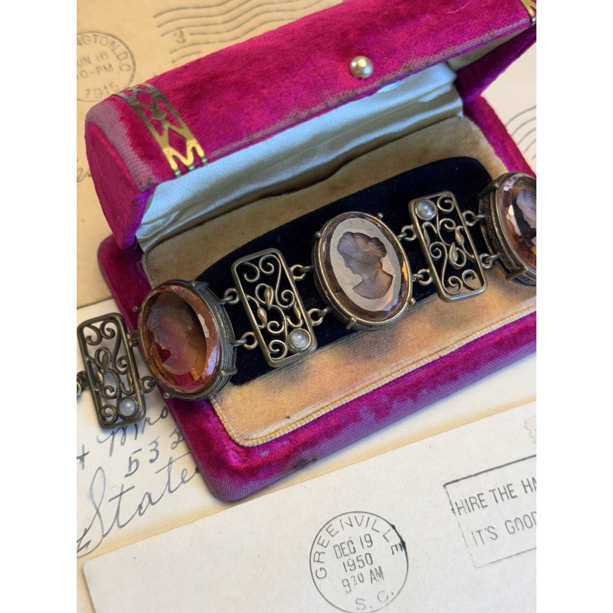 Pre-Owned Extasia Bracelet Pink Glass Intaglio Cameo Victorian Revival Filigree