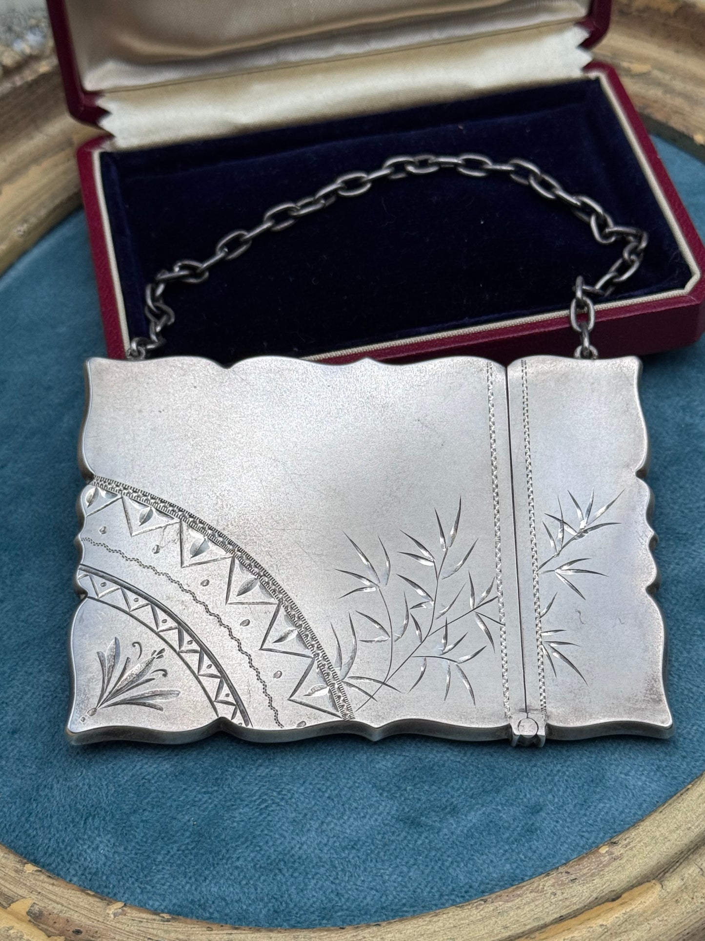 Antique Victorian Calling Card Case Aesthetic Movement Bird Bamboo STERLING Silver - Monogram MBH Fits Credit Card!!