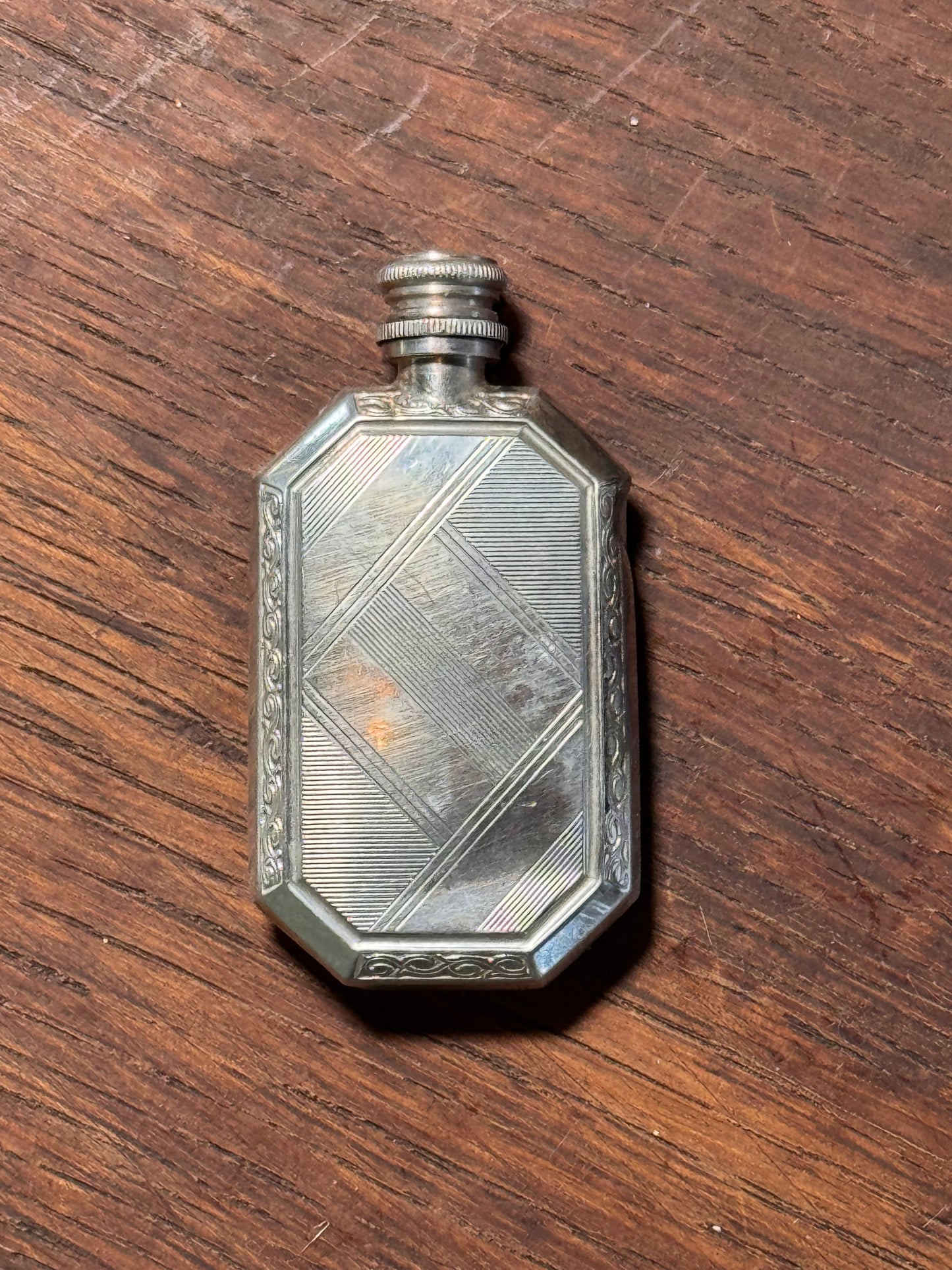 800 Silver Perfume Bottle Art Deco Engine Turned 2.25” Antique