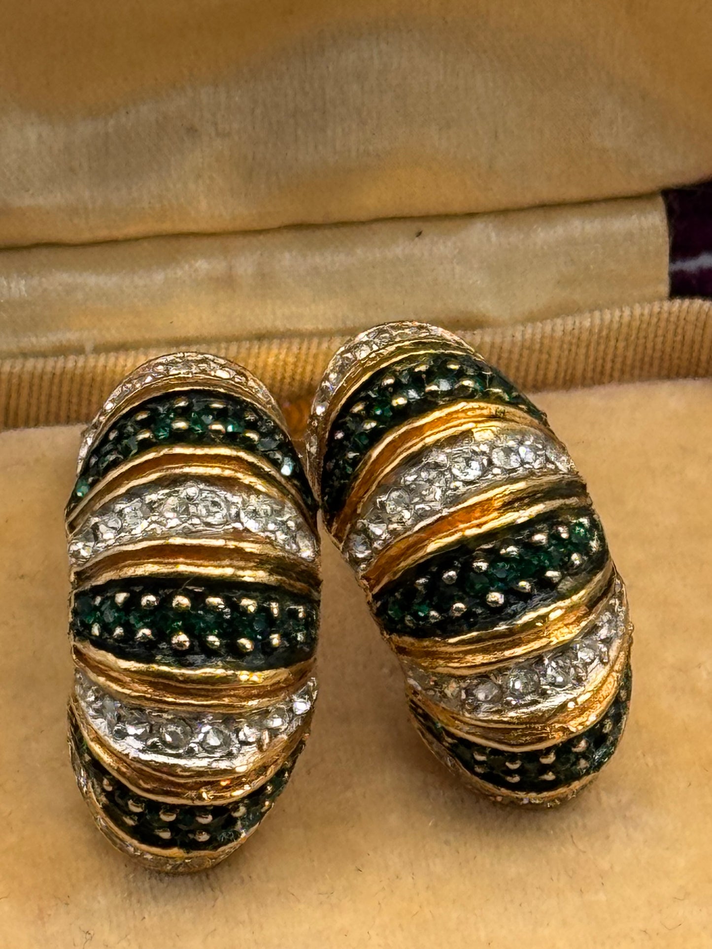 Vintage KJL Signed Kenneth J Lane Clip-On Earrings Emerald Green Clear Rhinestone Goldtone