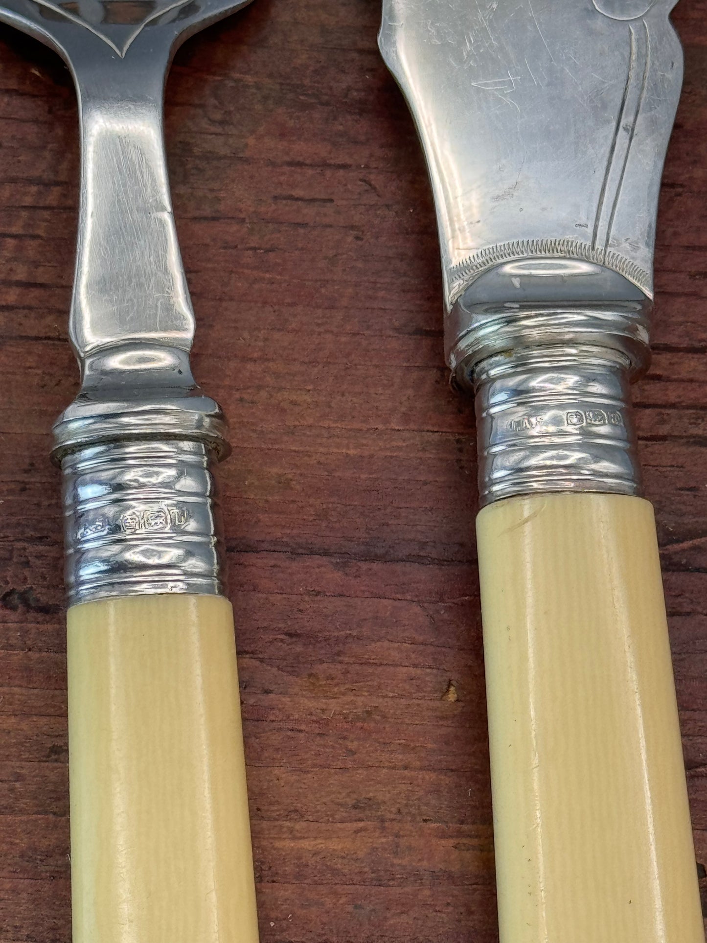 Antique EPNS Fish Set Sterling Ferrules Celluloid Handles 11” Knife 8.5” Fork
