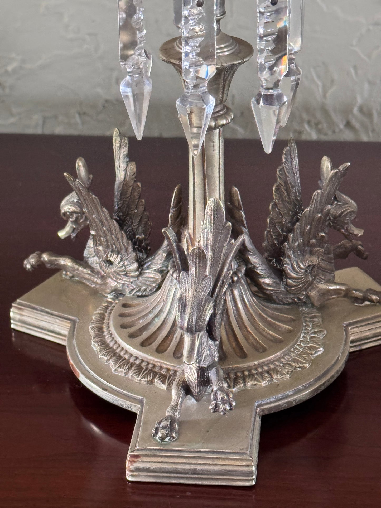 Antique Griffin Glass Epergne Vases Candlesticks Crystal Prisms Pair 18” RARE PAIR!!!