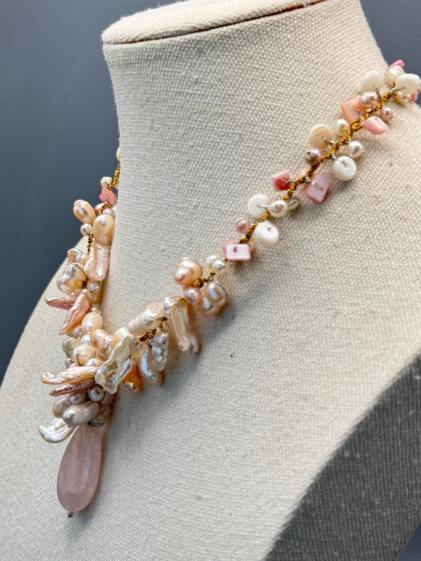 Handmade Pearl Rose Quartz Necklace Hand Knotted Baroque Pearls 16”