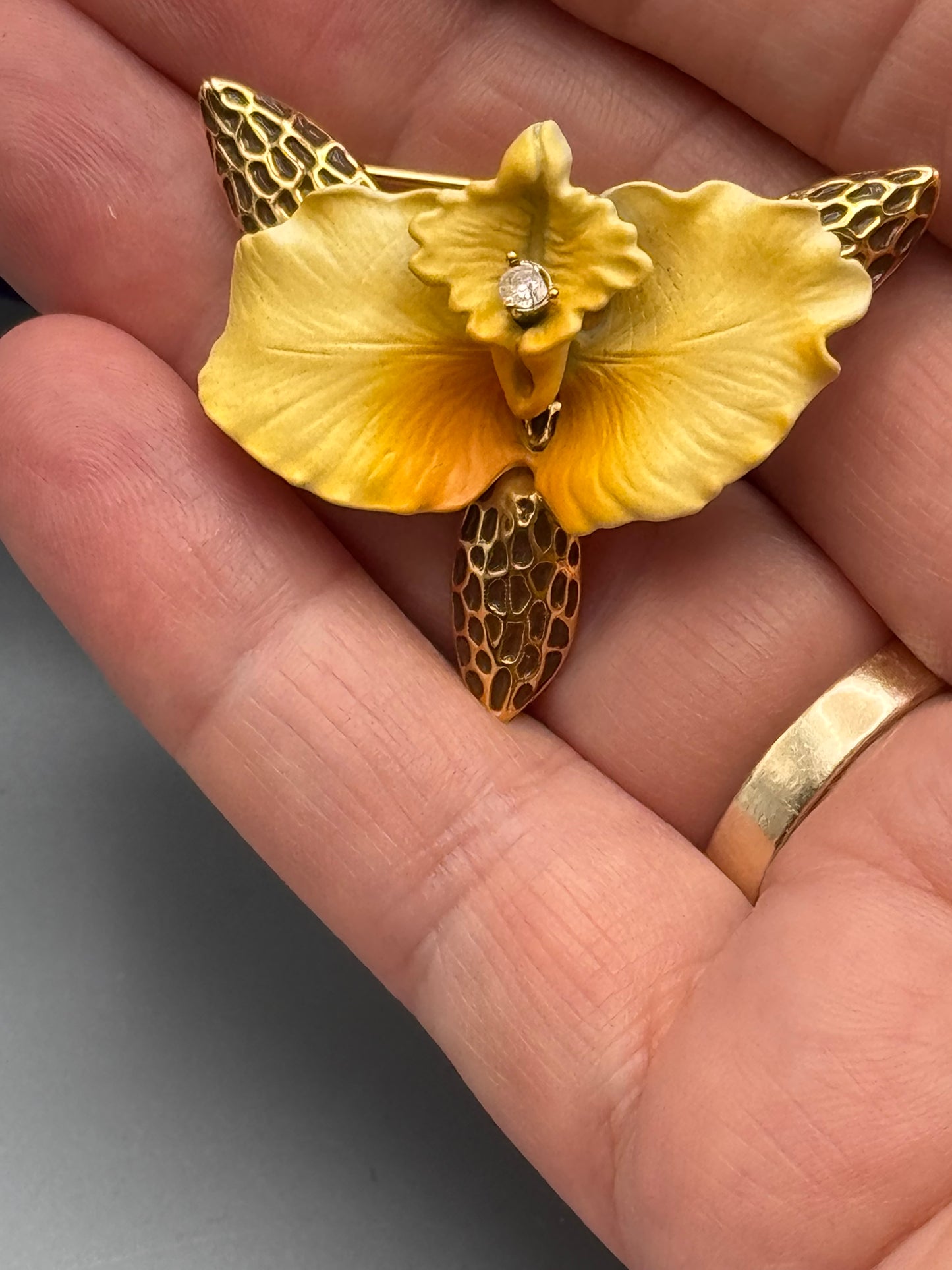 Vintage Joan Rivers Orchid Brooch Yellow Enamel Rhinestone Goldtone Signed 1.75”