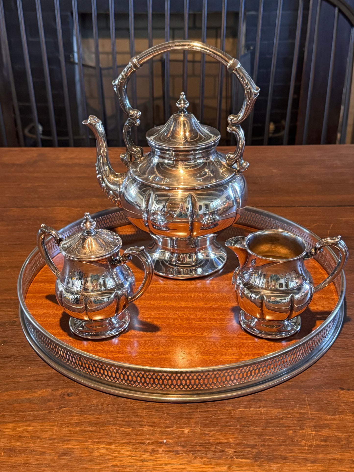 Silver Plate Tea Set 3Pc Footed Teapot Creamer Sugar Vintage