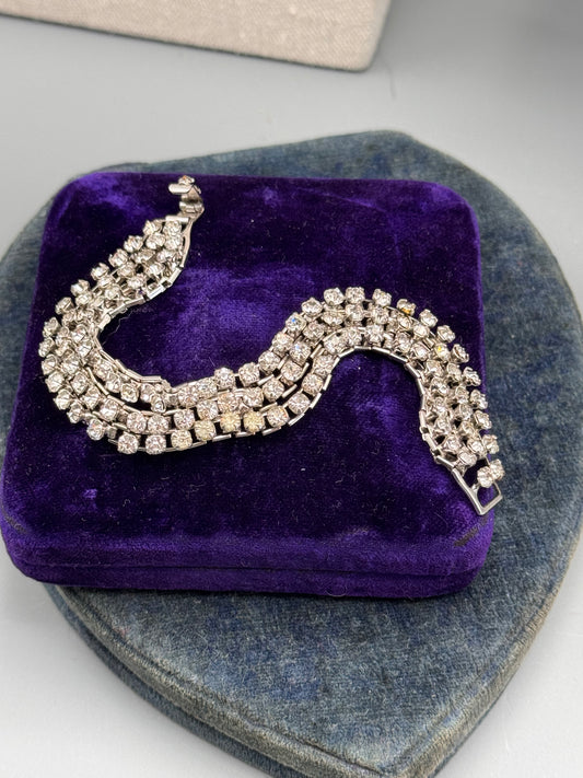 Vintage Articulated Rhinestone Bracelet 3 Row Clear Tennis 6.25”