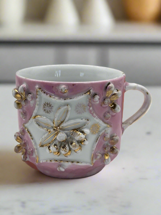 Antique Victorian Mustache Cup Pink Gold White Flea Bites Present