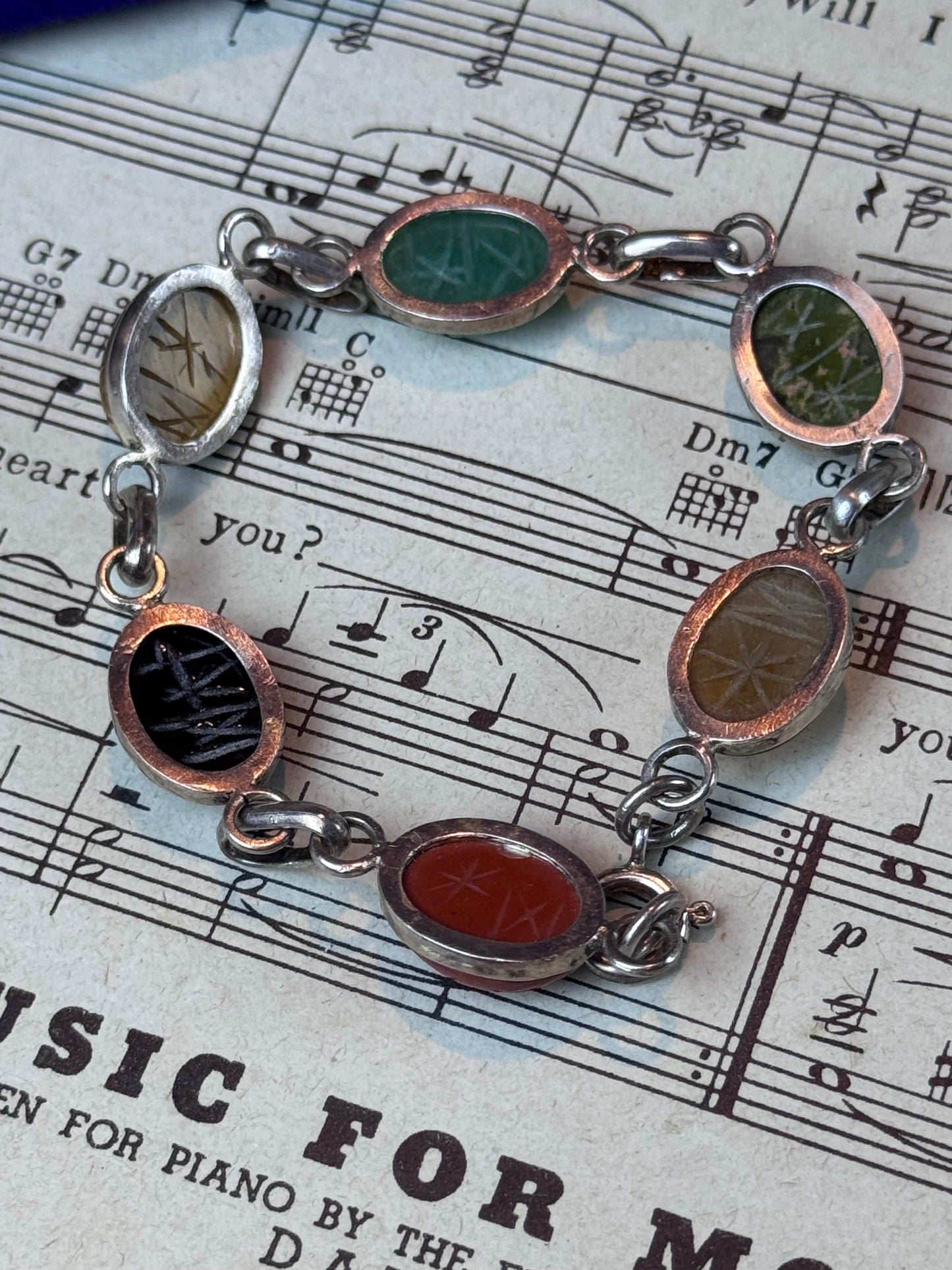 Vintage 925 Sterling Silver Scarab Bracelet Carved Stone 7” Egyptian Revival