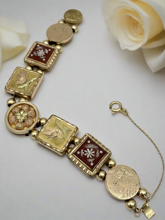 Victorian Slider Bracelet Cuff Button Gold Filled Birds Flowers 7.5” RARE