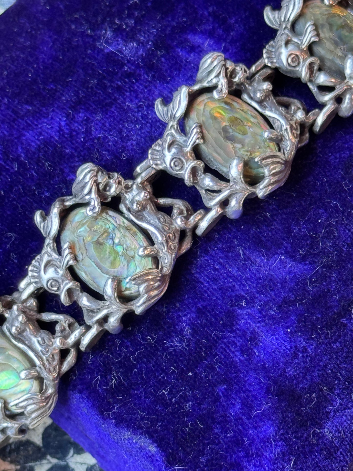 Vintage Sterling Mermaid Abalone Bracelet Fish Clasp 6.5” Art Nouveau Style