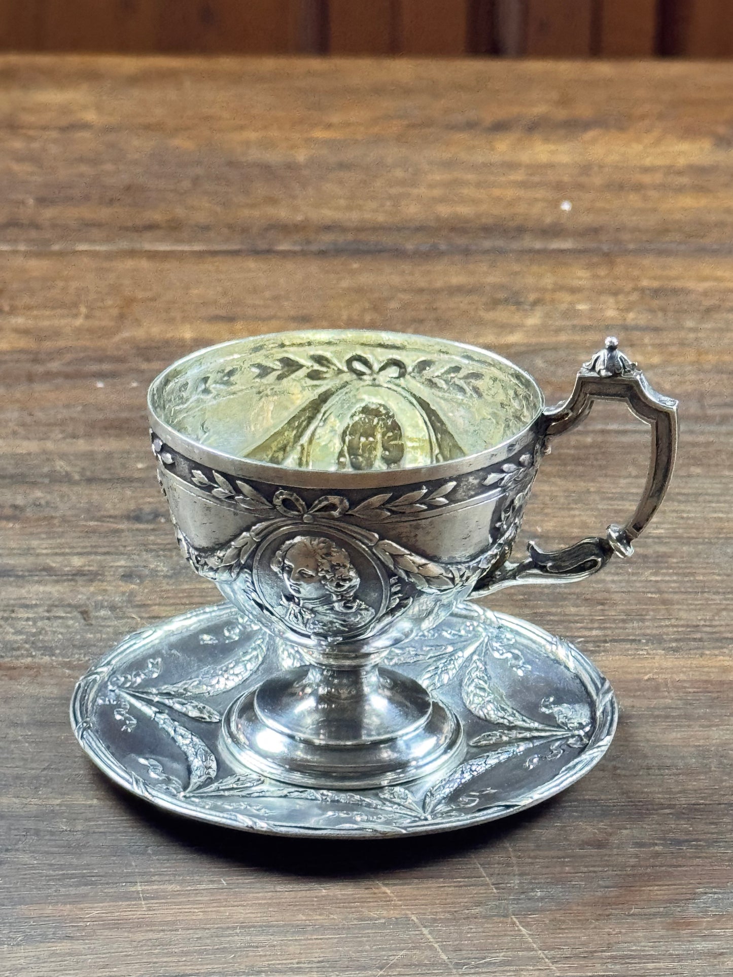 Vintage Silverplate Demitasse Cup & Saucer Cameo Repousse Pseudo Hallmark