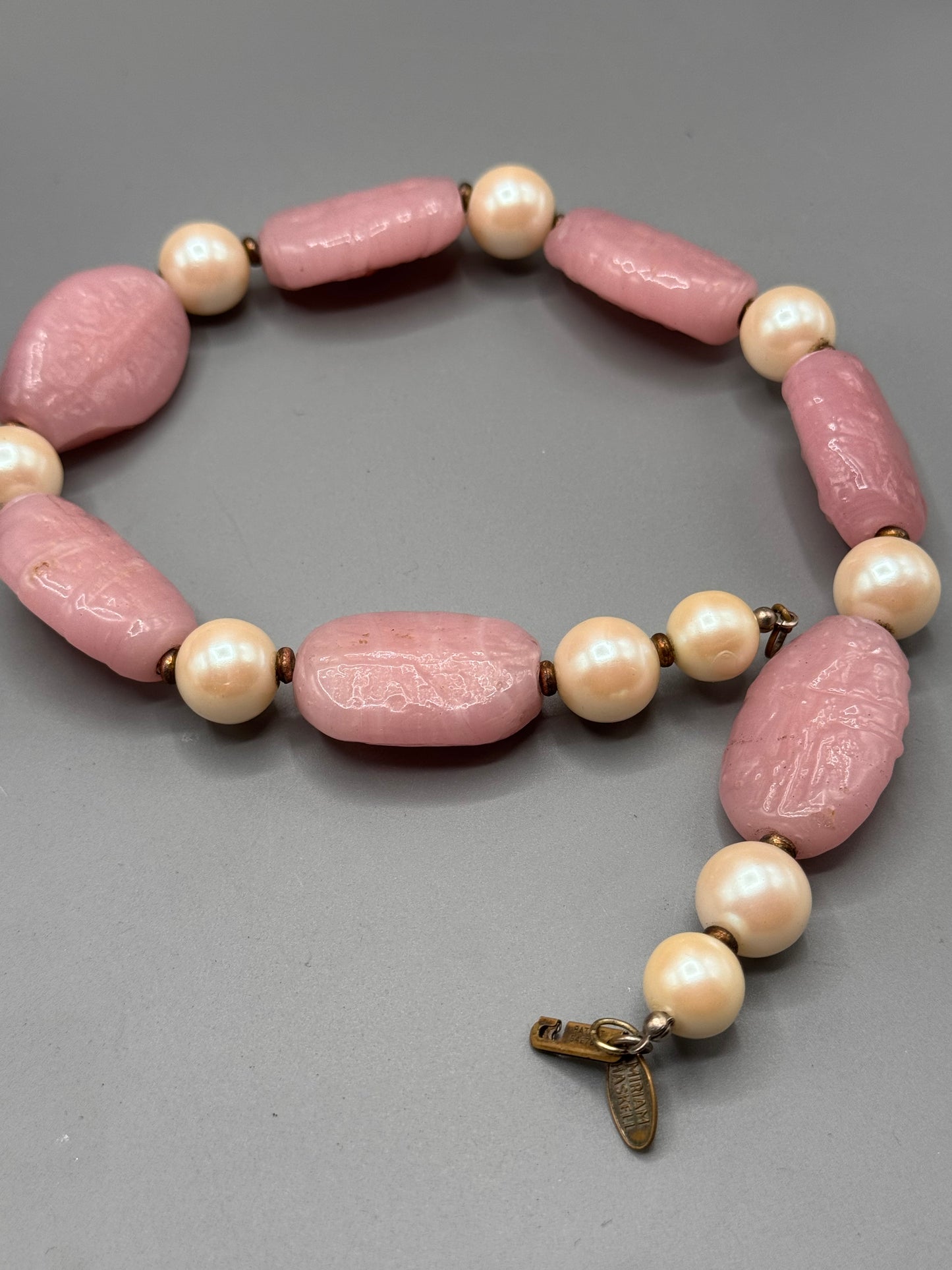 Signed Miriam Haskell Pink Art Glass & Faux Pearl Beaded Necklace