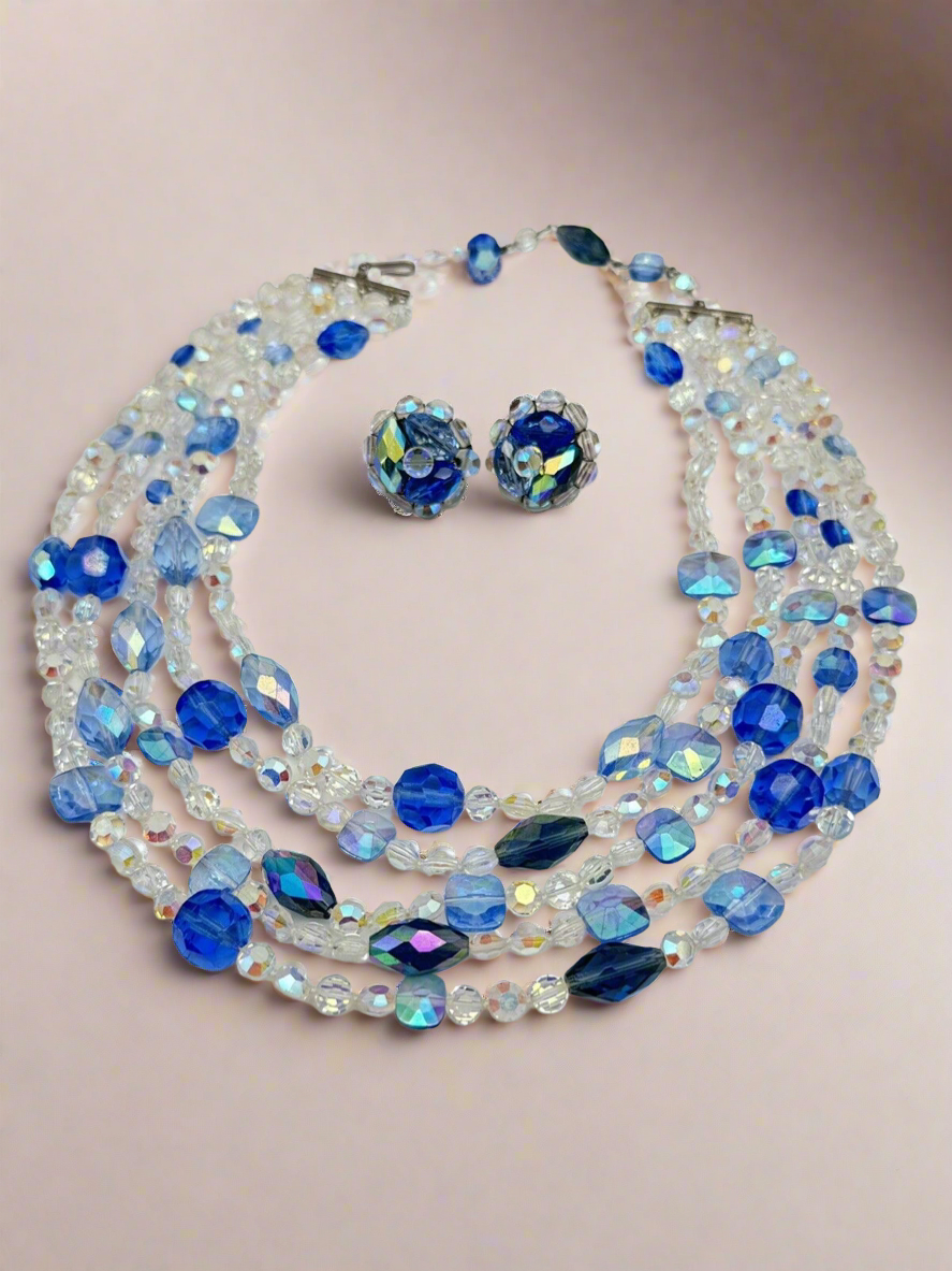 Vintage Blue & Clear AB Crystal 5 Strand Necklace & VOGUE Earrings Ca. 1960s