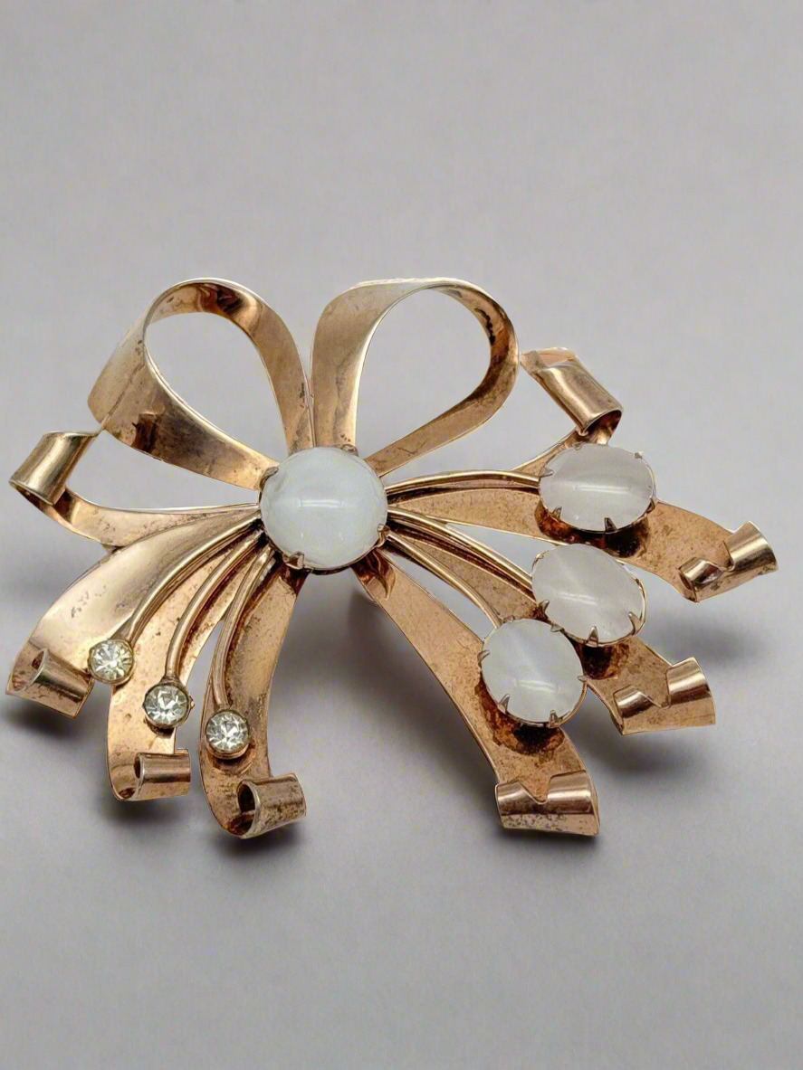 1940s Brooch STERLING VERMEIL Retro Ribbon With Opaline Stones & Rhinestone