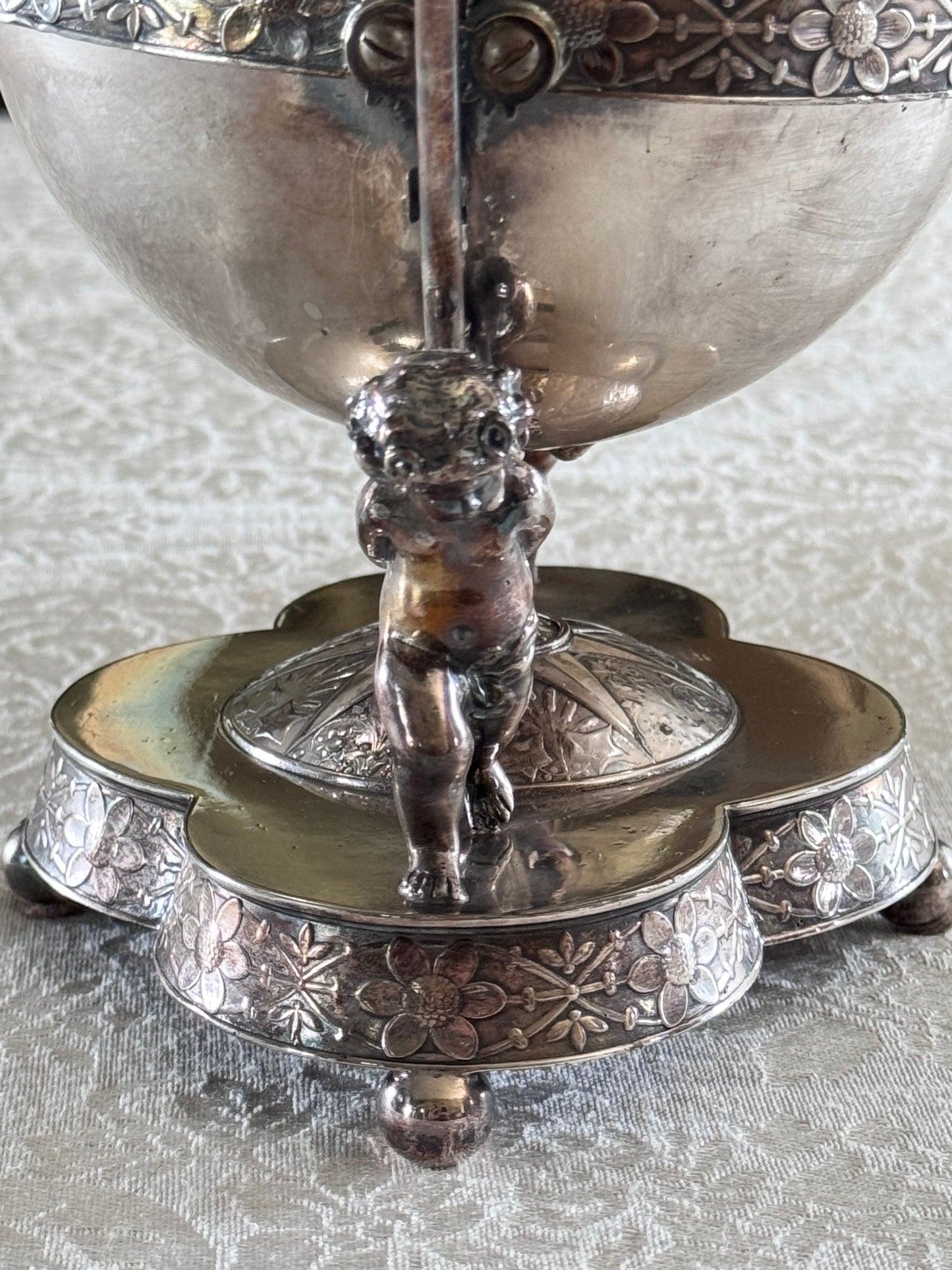 Antique Silverplate Putti Cherub Mechanical Butter Dish Victorian American Gilded Age c. 1880–1900