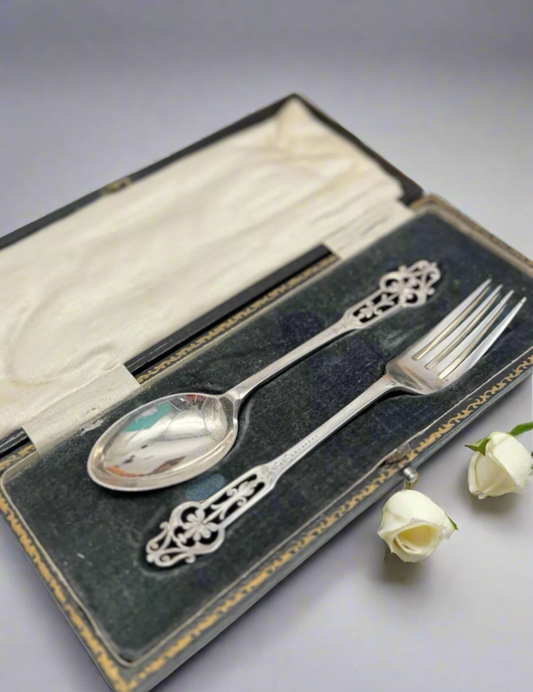 Antique English Christening Set In Case Spoon & Fork Silverplate