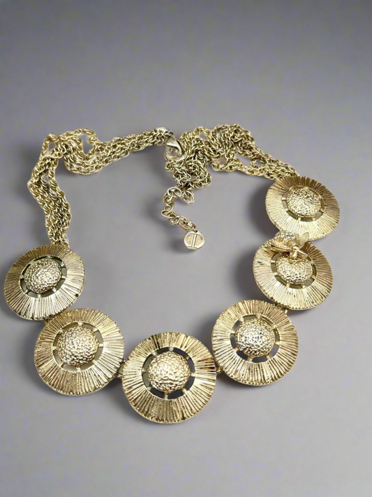 Vintage Bee Necklace with Round Disks & Rhinestone Honey Bee - Gold Tone