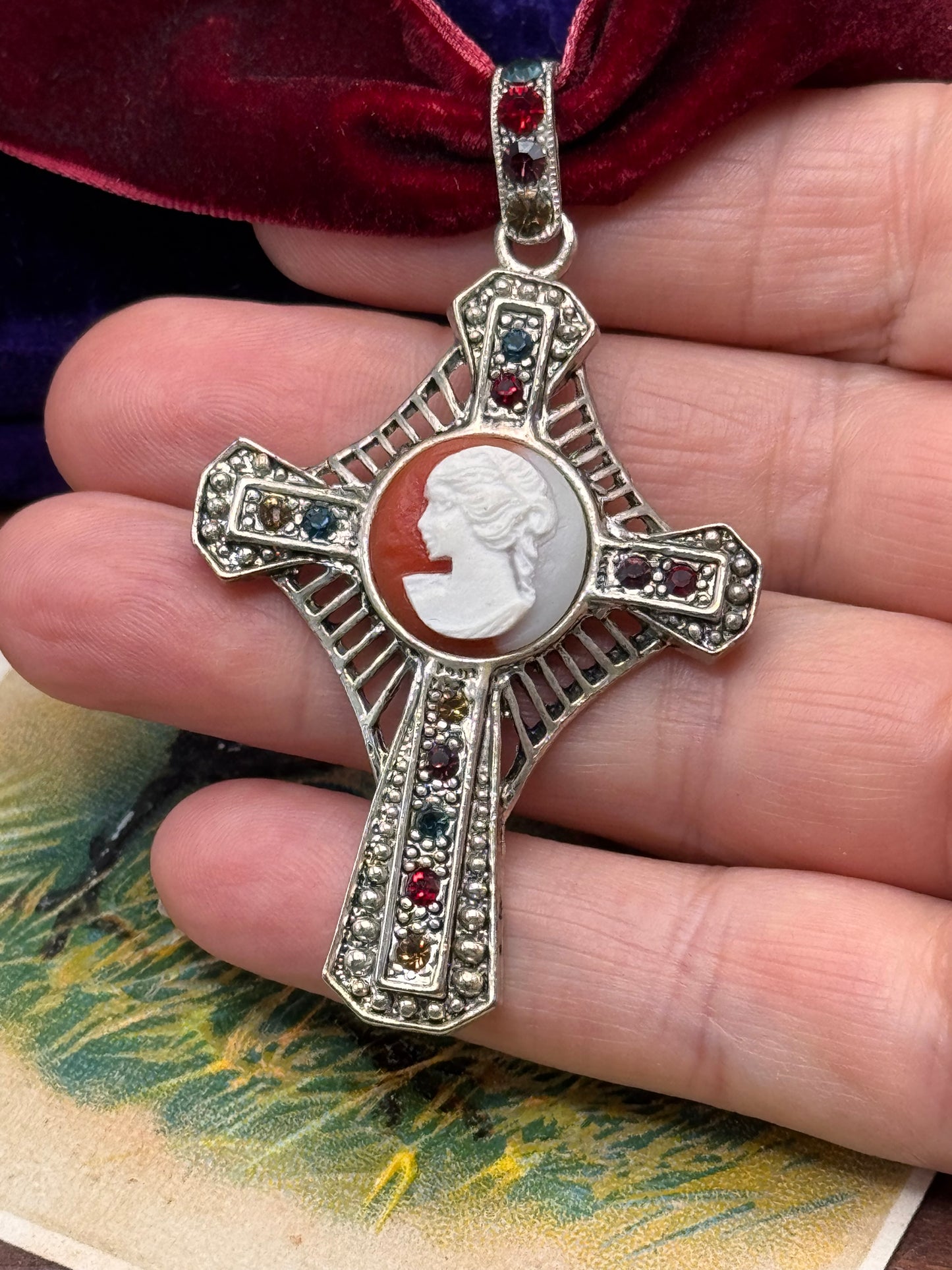 Vintage Cross Pendant Silvertone Cameo Rhinestone 2.25” Heirloom Style