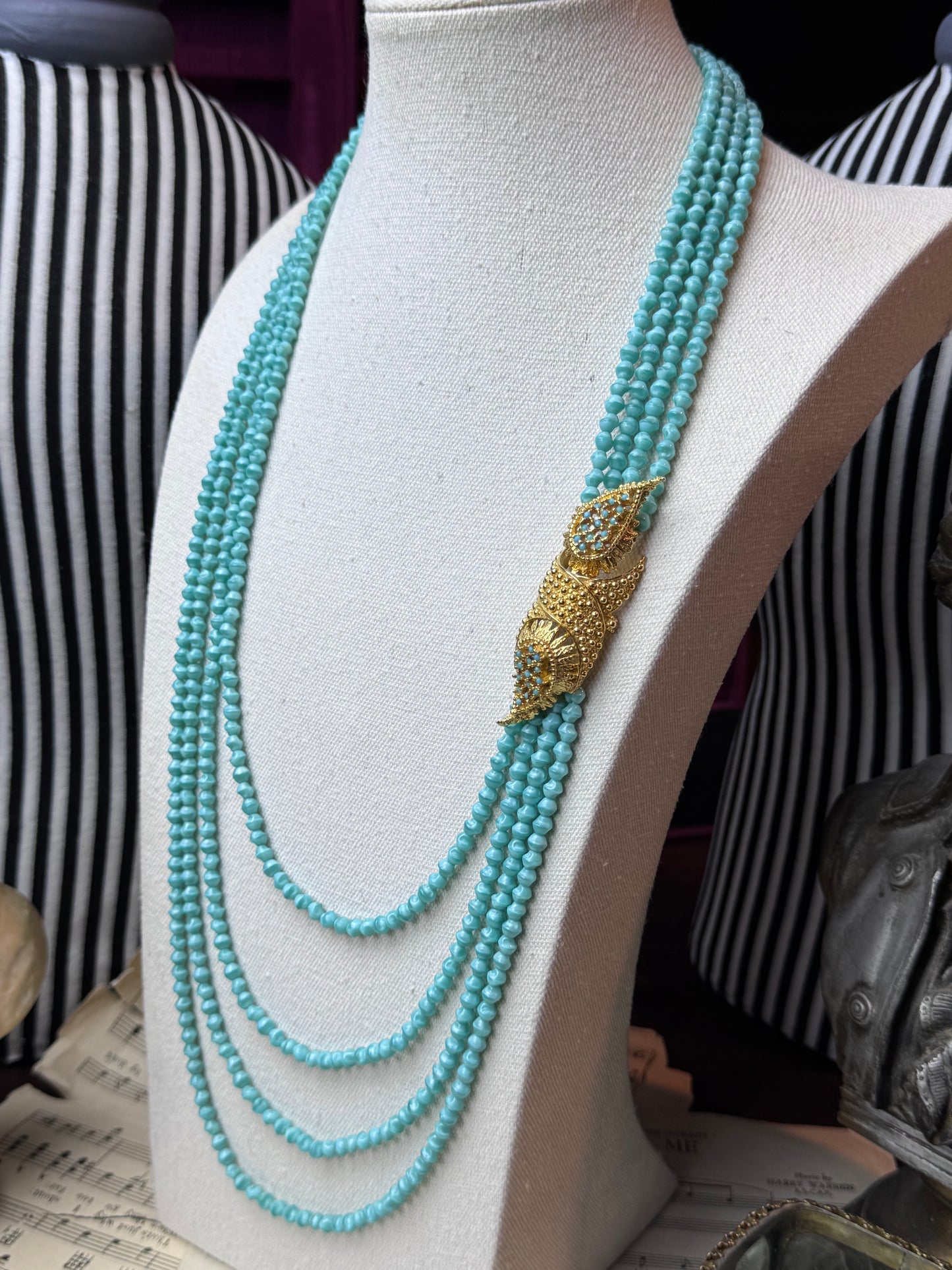 Vintage SIGNED Judith McCann Turquoise Color Glass Bead Necklace 4 Strand Goldtone Clasp 26”