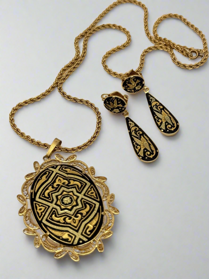 Vintage Damascene Jewelry Set Necklace Pendant Dangler Earrings