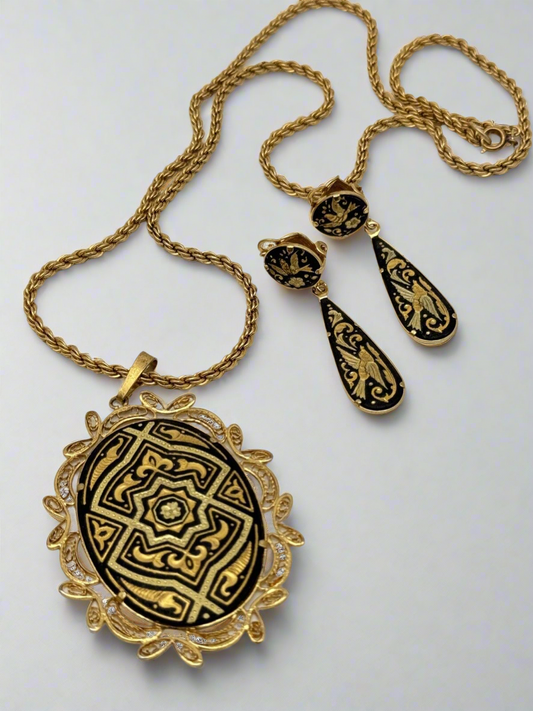 Vintage Damascene Jewelry Set Necklace Pendant Dangler Earrings