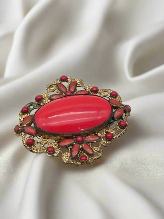 Vintage Red Glass Gold Filigree Czechoslovakia Brooch SIGNED