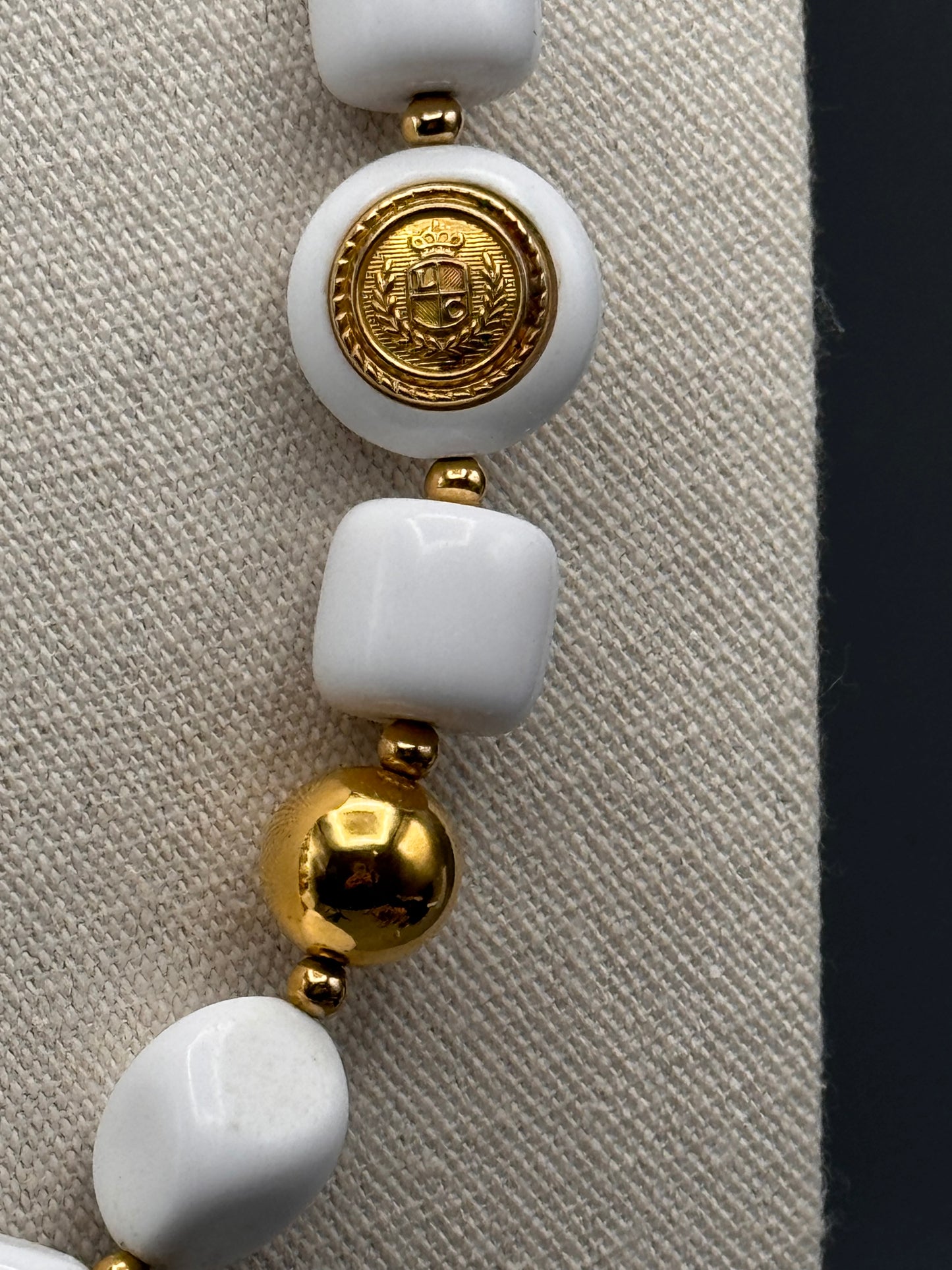 Vintage White Acrylic Beaded Necklace Goldtone Accents 26.5” 80s