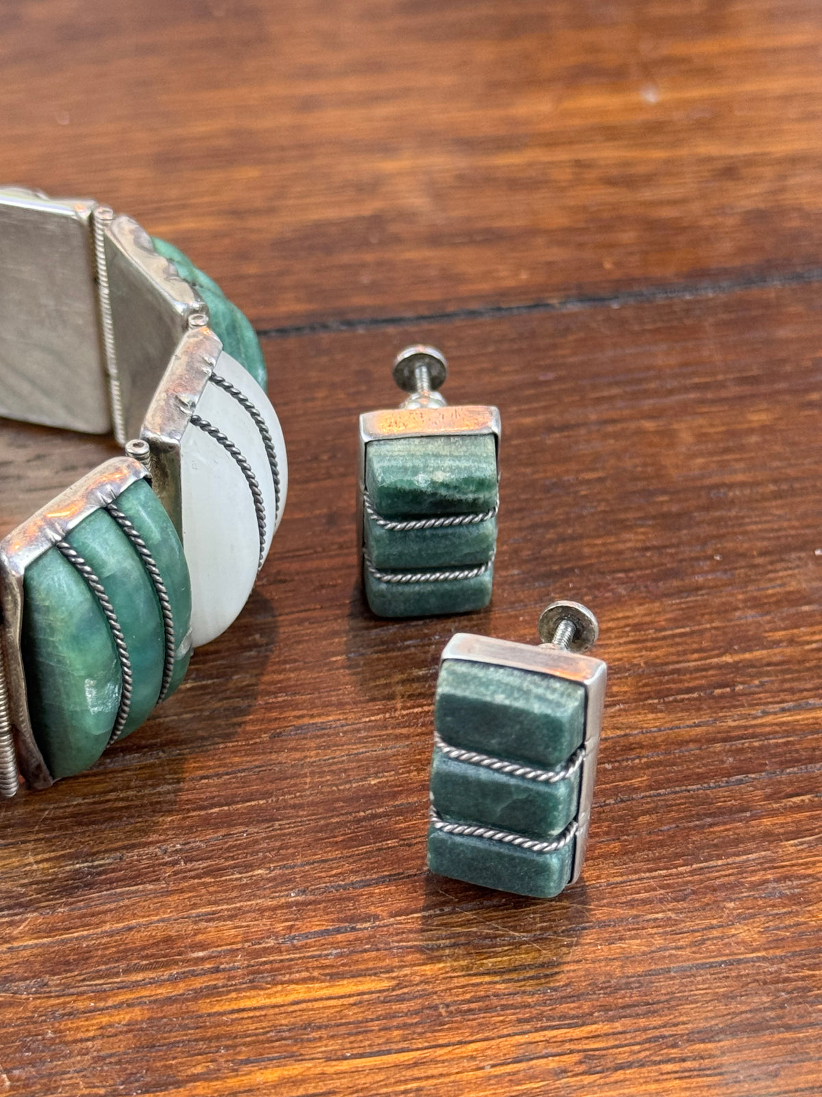 Vintage Silver Bracelet Earrings Mexico Green White Stone Articulated Set