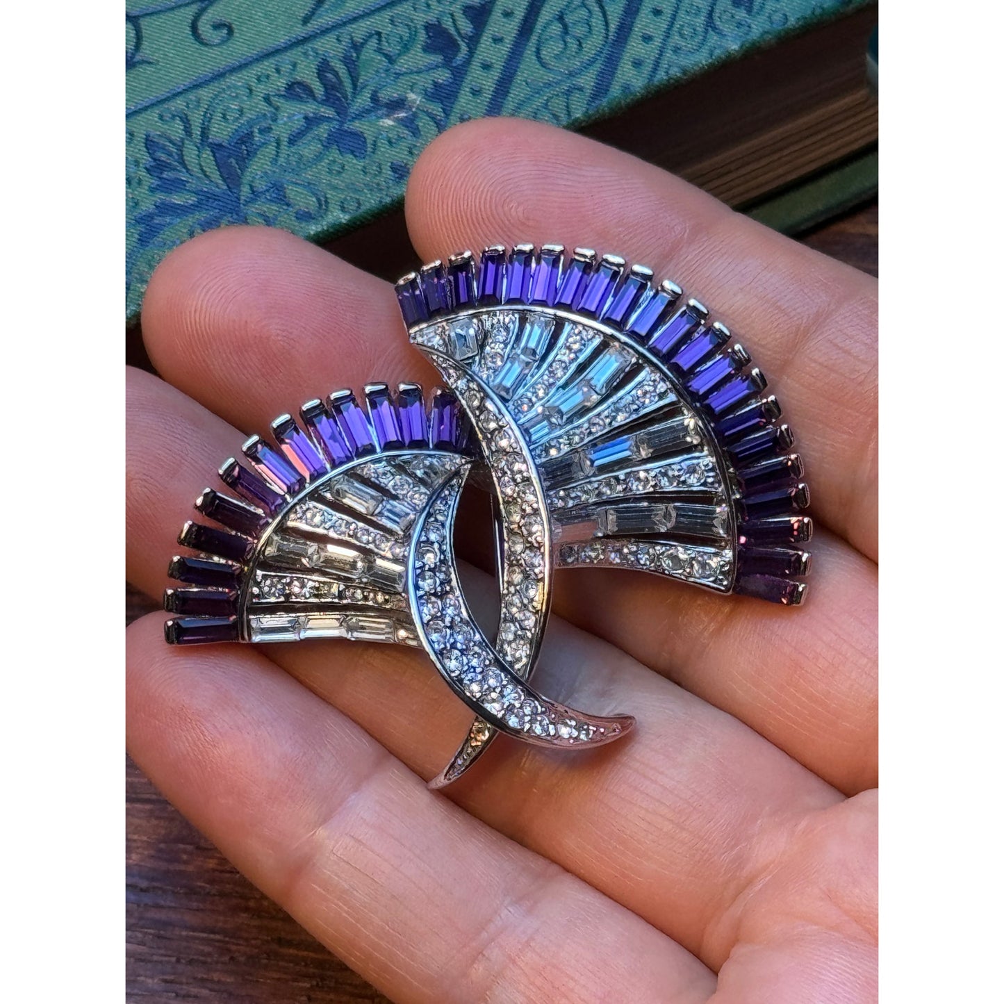 Vintage Blue Rhinestone Brooch Floral Ribbon Bow Statement
