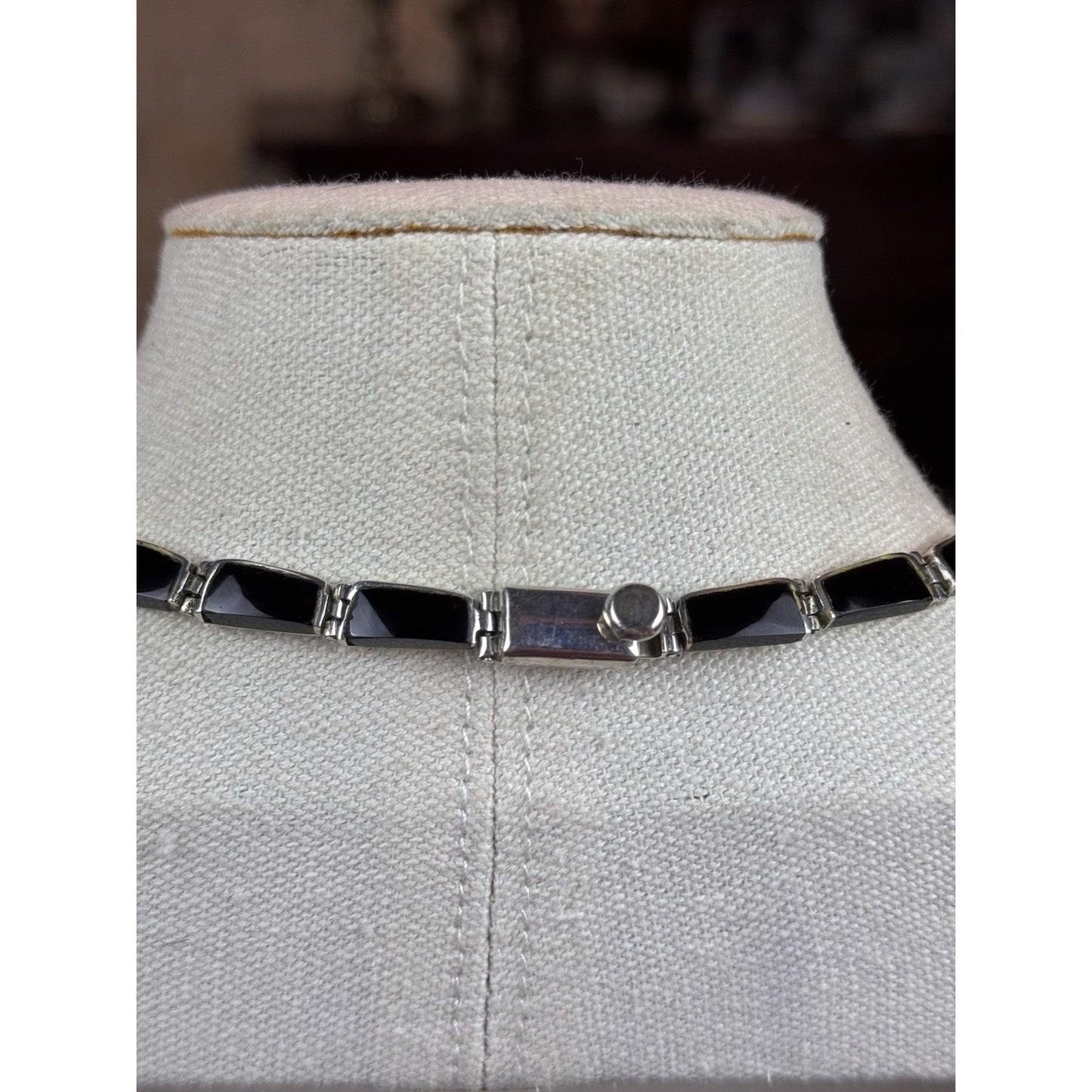 Vintage 950 Silver Necklace Taxco Mexico TD-107 Black Onyx Modernist 18”