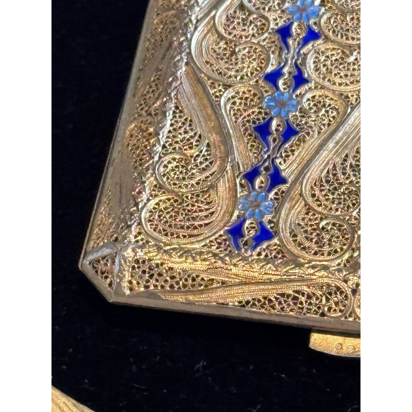 Vintage Cannetille Silver  Case Blue Enamel Gilt - Business Card Holder-