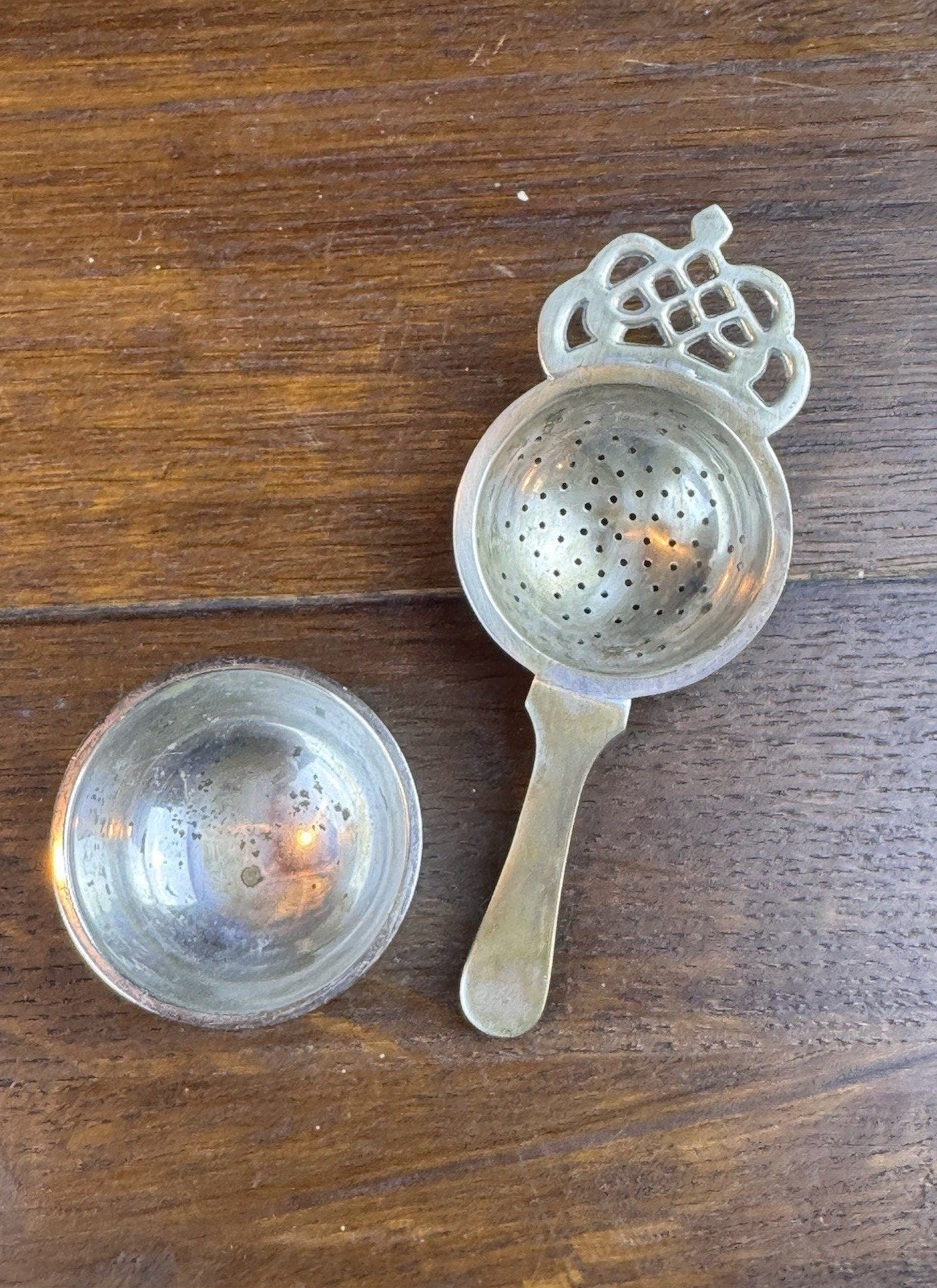 Vintage Silverplate Tea Strainer With Stand 9” Pierced Crown Handle Shabby Chic