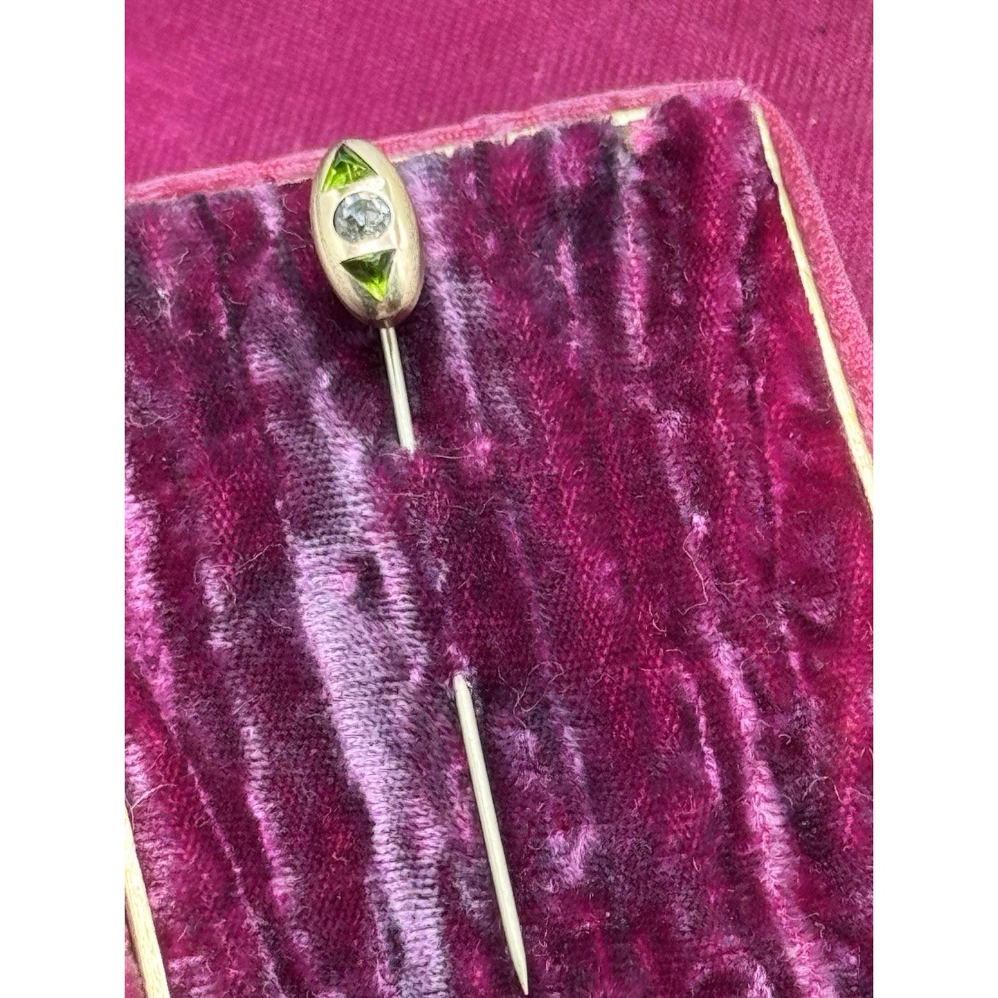 Vintage Gold Filled Stick Pin Green Clear Rhinestone Art Deco Style 2.5”