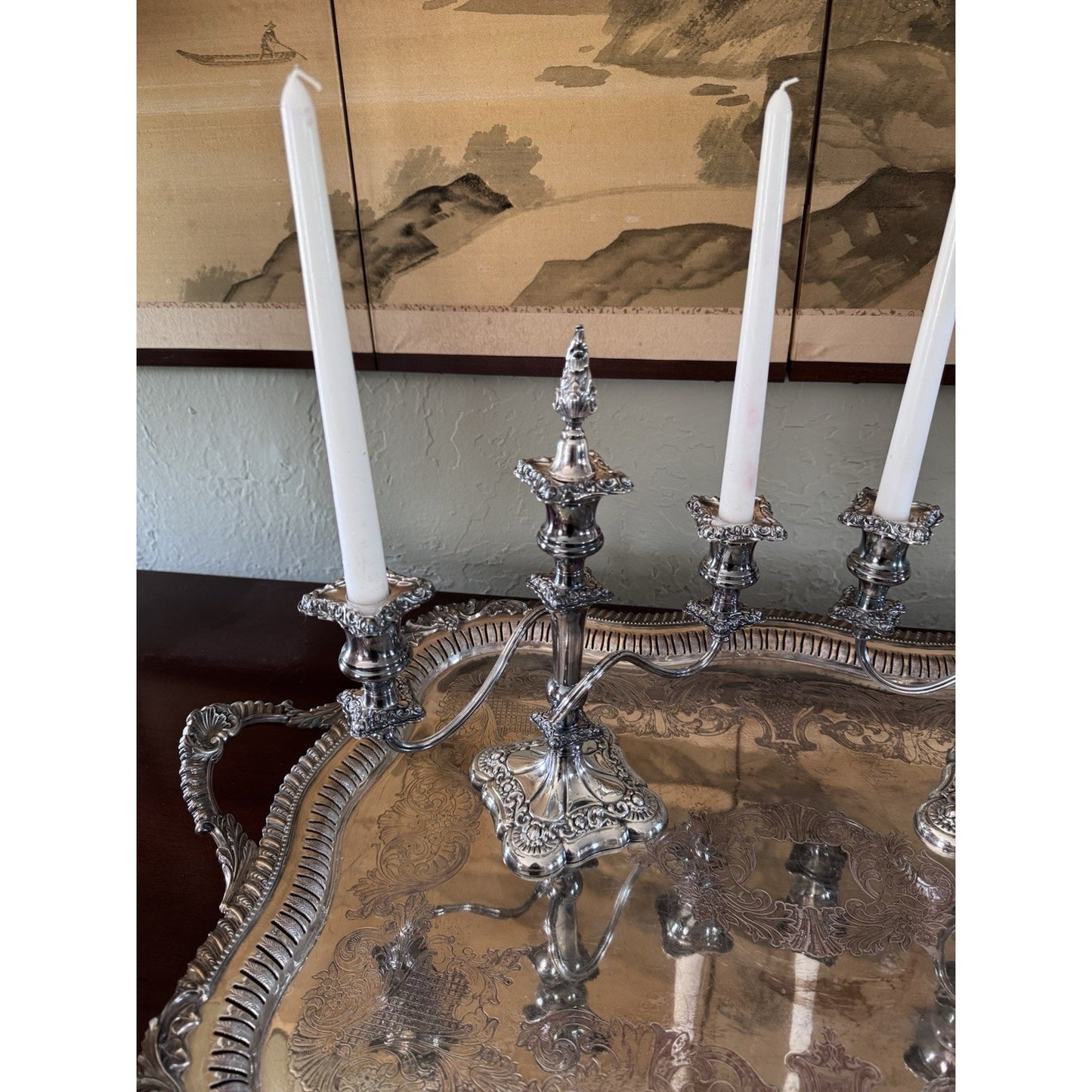 Antique Style Repousse Candelabra Pair Silverplate 3 Light W Snuffers 11”